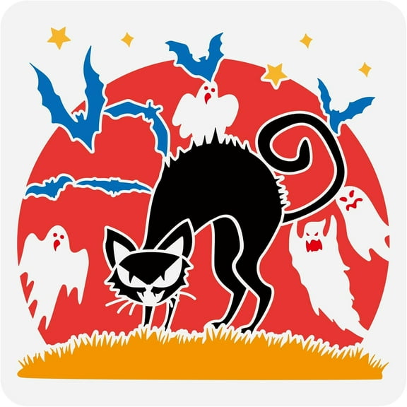 Cat Stencil 11.8x11.8 inch Black Cat Stencil Template Plastic Cat Bat Stars Patterns Stencil Reusable Drawing Painting Stencils for DIY Painting Crafts Holiday Decor