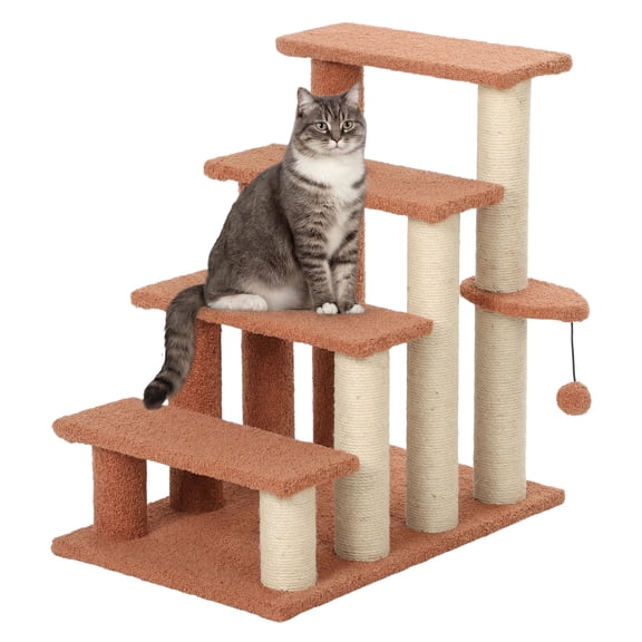 Cat Steps for Bed & Sofa, 4 Level Cat Stairs with Scratching Posts, Kitten Helper, Brown