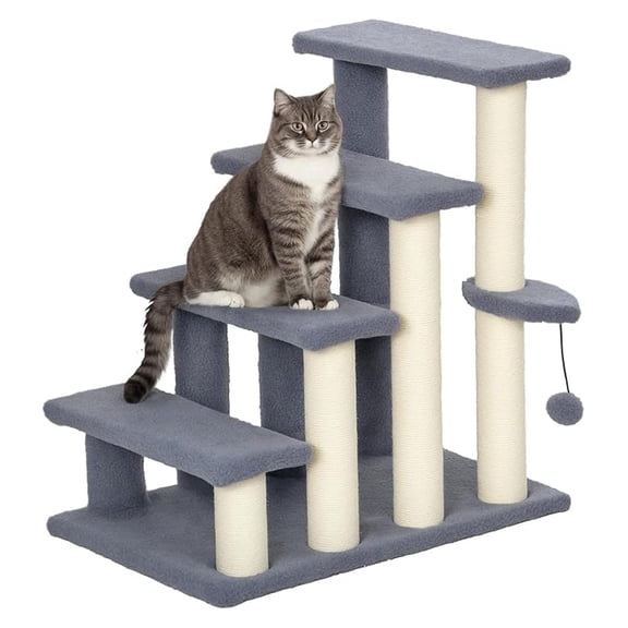 Cat Steps for High Bed, 4 Level Pet Stairs, Kitten Climber with Scratching Posts & Hanging Ball - Gray Carpeted Ladder for Sofa, Senior Cats