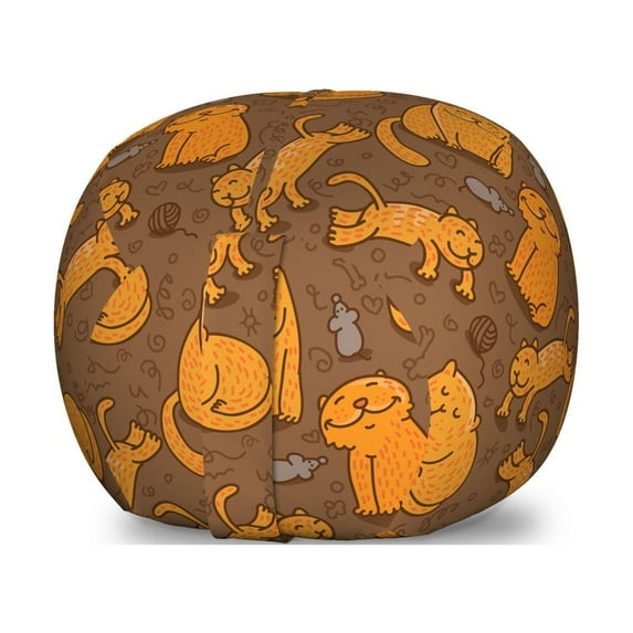 Cat Storage Toy Bag Chair, Cheerful Kitties in Different Poses and Hearts Flower Toys Pet Companions Doodle, Stuffed Animal Organizer Washable Bag, Large Size, Umber Marigold, by Ambesonne