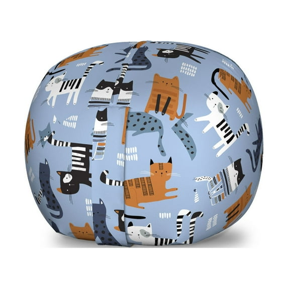 Cat Storage Toy Bag Chair, Domestic Kitty Feline Meow Pet Paws Creative Animal Love Cartoon Boho Drawing, Stuffed Animal Organizer Washable Bag, Large Size, Orange Azure Blue, by Ambesonne