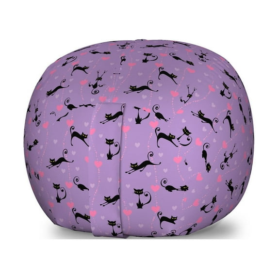 Cat Storage Toy Bag Chair, Funky Romantic Pattern with Little Hearts Funny Jumping Black Cat Characters, Stuffed Animal Organizer Washable Bag, Large Size, Lavender Pink Black, by Ambesonne
