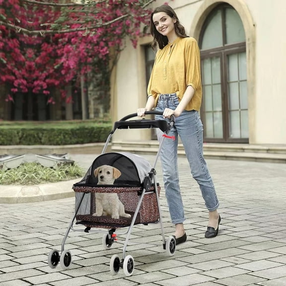 Cat Stroller Dog Stroller for Small Cats and Dogs Pet Stroller for Pet No Escape with Cup Holder, Leopard Skin