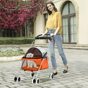 Dkeli 4-Wheeled Comfortable Cat & Dog Stroller with Cup Holder, Orange