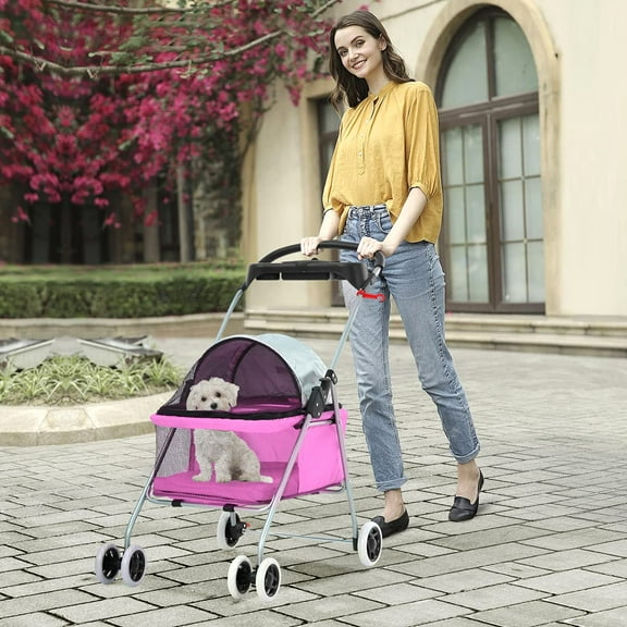 Cat Stroller for Small Cats No Escape Dog Stroller Pet Strollers for Small Dogs Cats Dog Cage Stroller Carrier Strolling Cart Travel Folding Carrier with Cup Holder, Pink