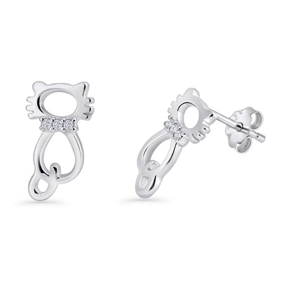 Cat Stud Earrings CZ Filigree 925 Sterling Silver 13mm