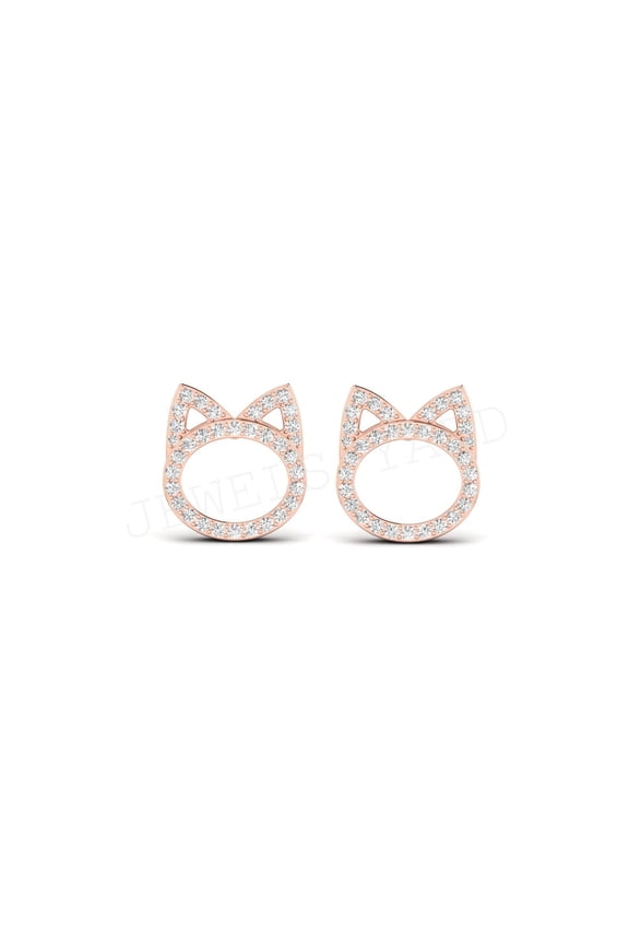Cat Stud Earrings for Her White Diamond 14K Rose Gold Plated 925 Sterling Silver Gift For Women
