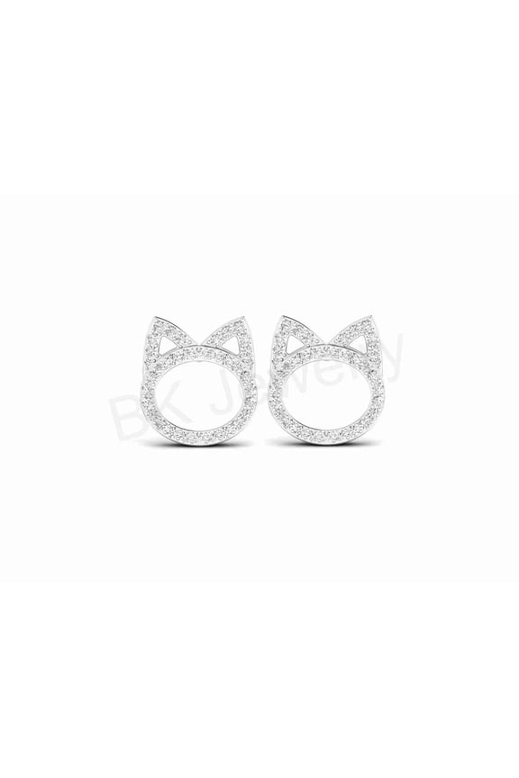 Cat Stud Earrings for Her White Diamond 14K White Gold Plated 925 Sterling Silver Gift For Women