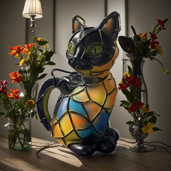 Cat A Style Stained Tabletop Night Light, Led French-Inspired Illumination With Colorful Glass-Like Texture, Vintage Animal Home Decor For Big Kids, Teens, And