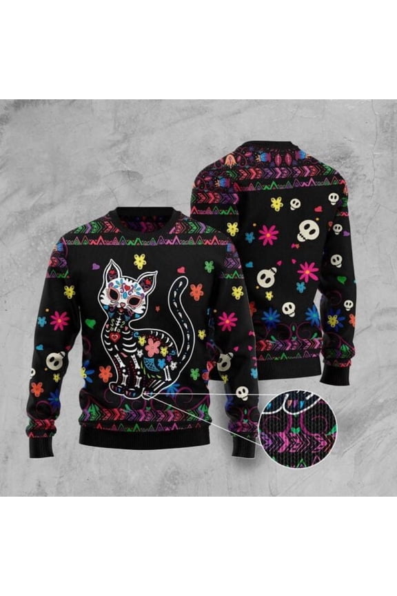 Cat Sugar Skull Christmas Sweater, Christmas Cat Christmas Sweater, Cat Xmas Sweater