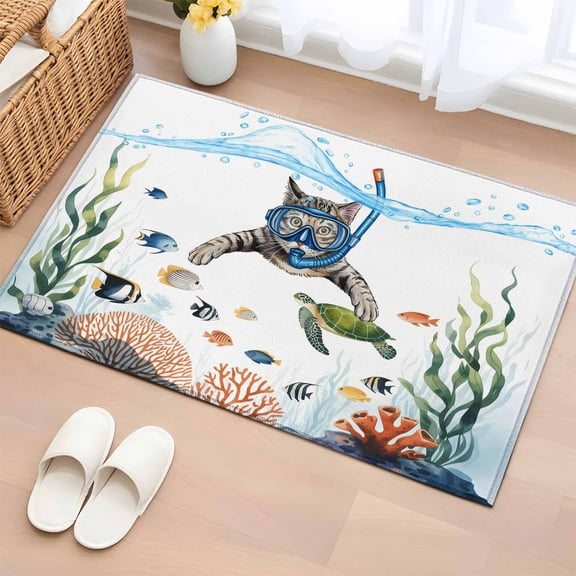 Cat Summer Beach Bathroom Rug Washable 2x3 Entryway Rug Non Slip Nautical Ocean Coastal Turtle Coral Front Door Mat Low Pile Indoor Doormat Throw Floor Carpet for Kitchen Bedroom Entrance