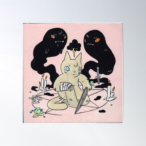 Cat Summoning Two Ghosts Poster Wall Art, Modern Wall Decor For Living Room Bedroom, 16x16 UNFRAMED