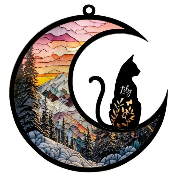 Cat Suncatcher Glass Window Hanging, Cat Decor for Home, 6.3" Acrylic Cat Stained Glass, Sunset Glow Mountain Scene