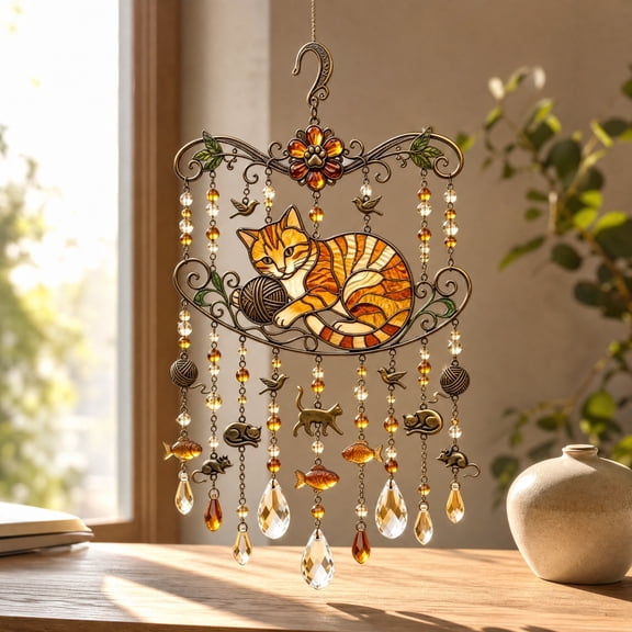 Cat Suncatchers for Windows Hanging Acrylic Cat Wind Chime Sun Catcher Crystal | Handmade Sun Catcher Window Bedroom Decor Gift for Cat Lovers