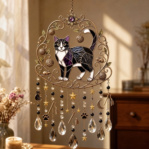 Cat Suncatchers for Windows Hanging Acrylic Cat Wind Chime Sun Catcher Crystal | Handmade Sun Catcher Window Bedroom Decor Gift for Cat Lovers
