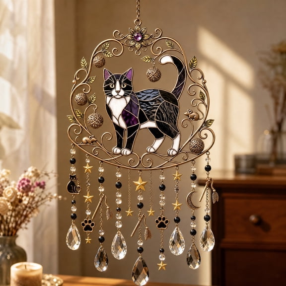 Cat Suncatchers for Windows Hanging Acrylic Cat Wind Chime Sun Catcher Crystal | Handmade Sun Catcher Window Bedroom Decor Gift for Cat Lovers