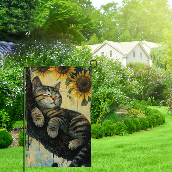 Cat Sunflower Garden Flag Outdoor Decorative Linen Yard Flag