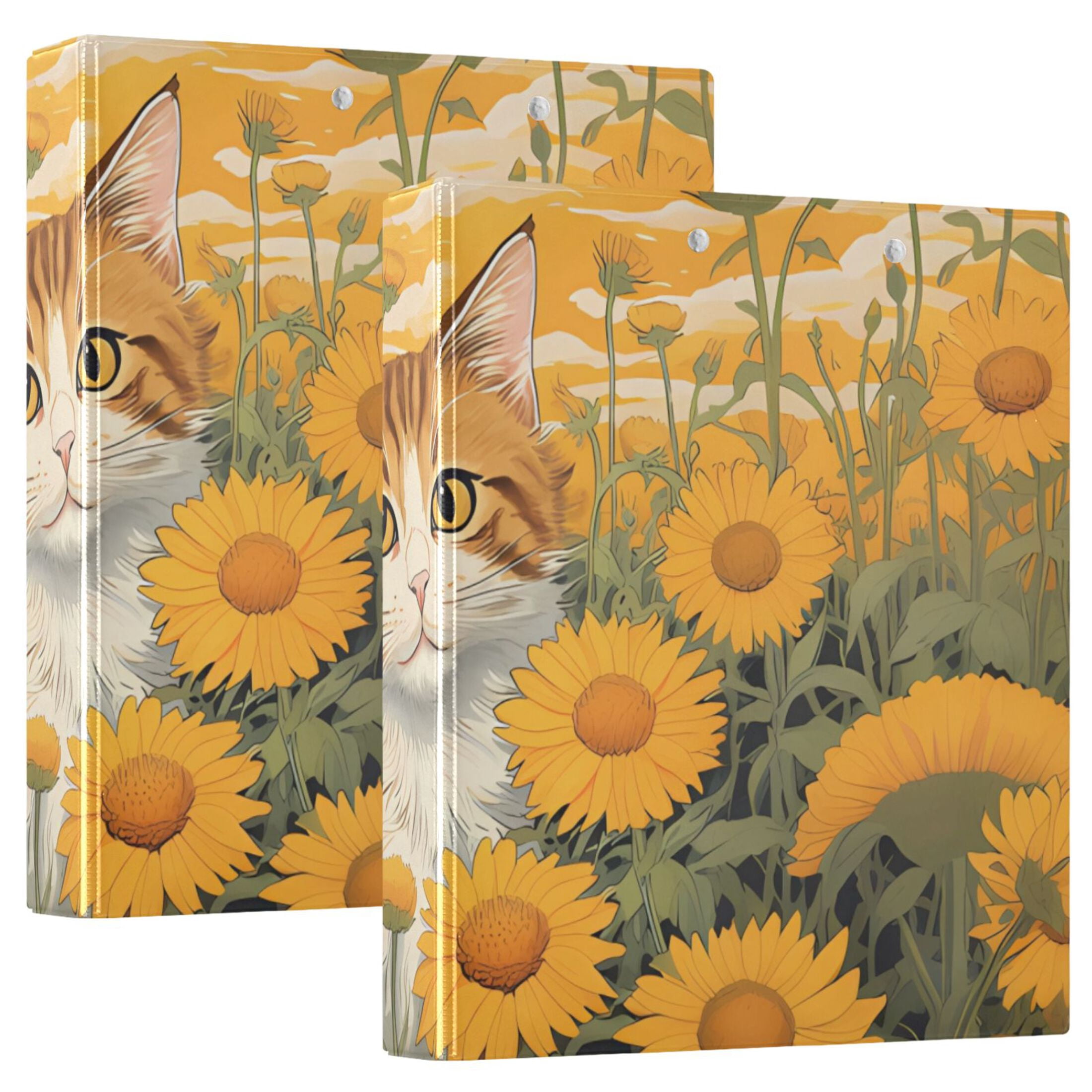 File Folder Cat Cat Sunflowers Clouds Leaves 3 Ring Binders 1.5 inch Hardcover File ...