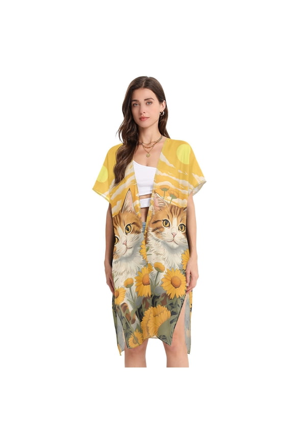 Cat Sunflowers Clouds Leaves Women Swimsuit Cover up V Neck Beach Dress Short Sleeve Vacation Outfits Swimwear