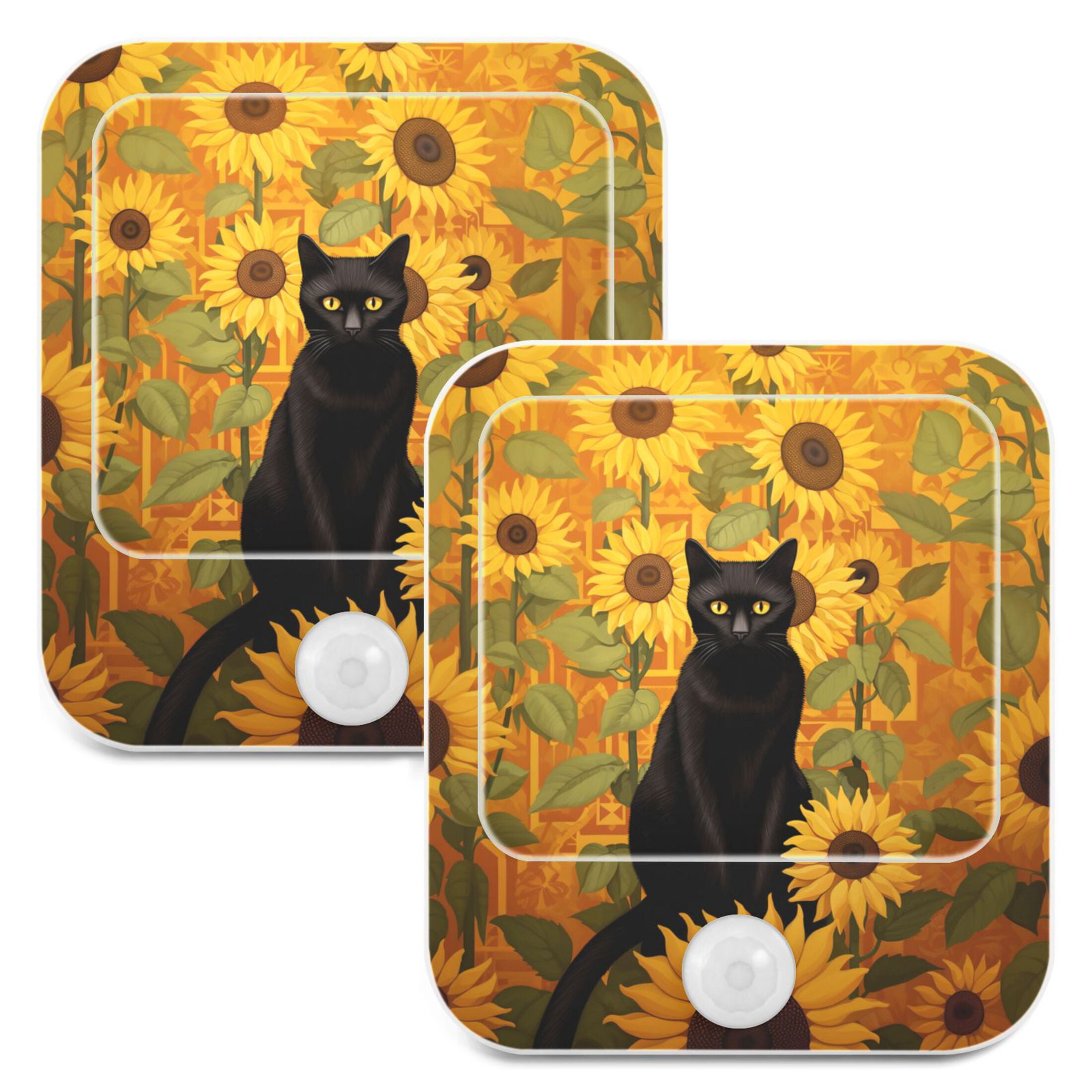 Cat Sunflowers Night Lights Plug into Wall LED with Auto Light Sensor Warm Light for Kids Hallway Bedroom Living Room Kitchen Bathroom Set of 2
