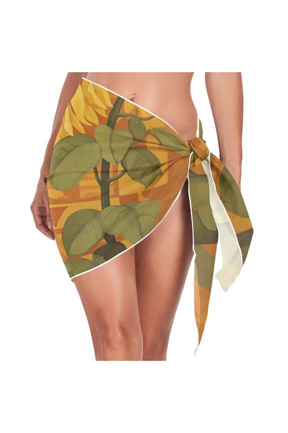 Cat Sunflowers Women Coverups Beach Cover Up Chiffon Swimsuit Bikini Wrap Short Skirt Beach Slit Tie Waist