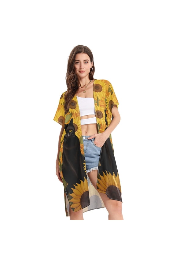Cat Sunflowers Women Swimsuit Cover up V Neck Beach Dress Short Sleeve Vacation Outfits Swimwear