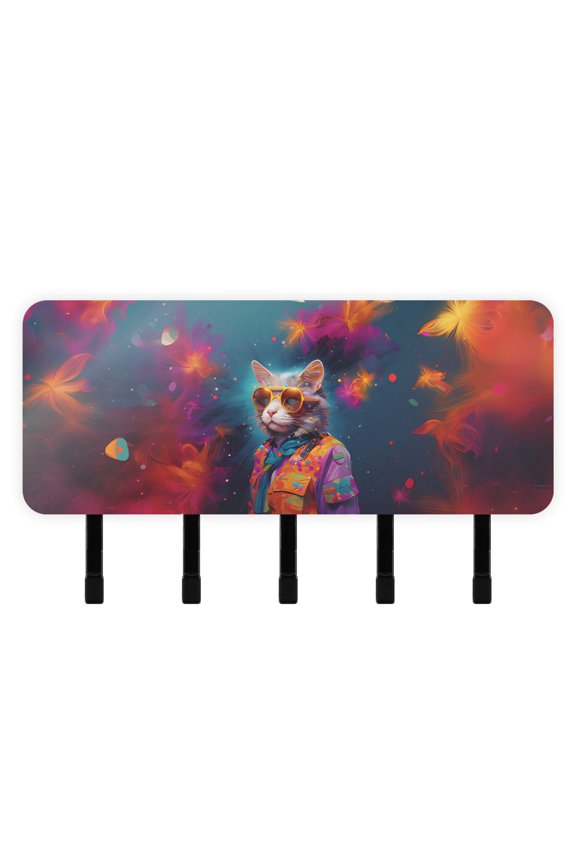 Cat Sunglasses Colorful Mail Holder Organizer Wall Mount with Shelf Key Holder Key Rack with 5 Key Hooks for Wall Decorative