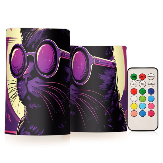 Cat Sunglasses Purple Flameless Candles LED Lights Battery Operated Candles with Remote and Timers Flicker Lights Votive Set of 2