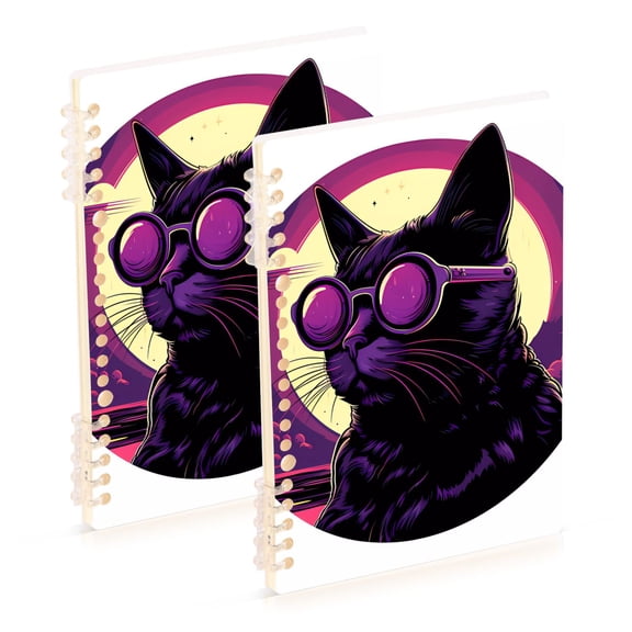 Cat Sunglasses Purple Ring Binder Notebook Journey Note Diary College Ruled Spiral Notebook Study Loose Leaf Paper A5 60 Pages