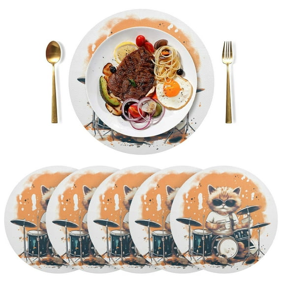 Cat Sunglasses and Rack Drum Black Round Placemats Plate Mats 15 Inch Non-Slip Heat Resistant Washable PVC Set Indoor for Kitchen Dining Table 4PCs
