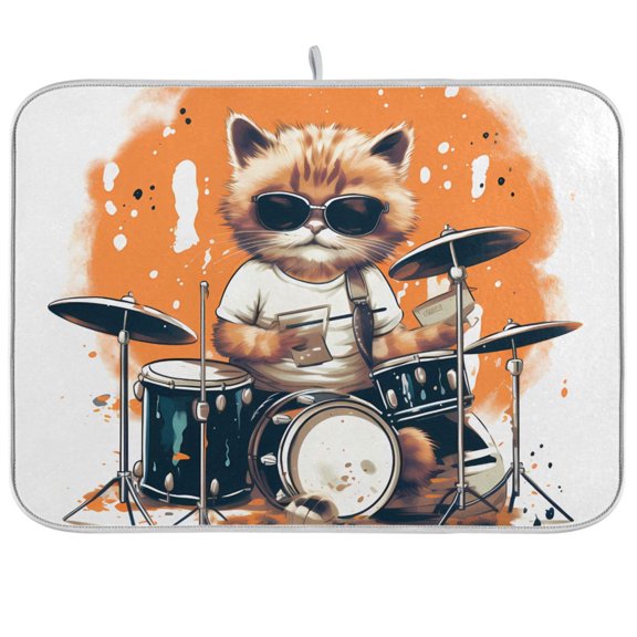 Cat Sunglasses and Rack Drum Dish Drying Mat Dish Drainer Rack Mats Water Absorbent Non-Slip Easy Clean Heat Resistant for Kitchen Counter