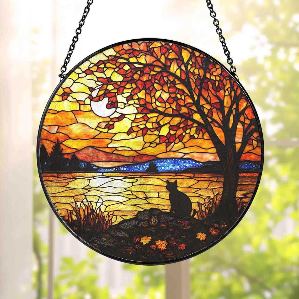 Cat Sunset Glass Suncatcher, Cat Sunset Window Hanging, Light Catcher ...