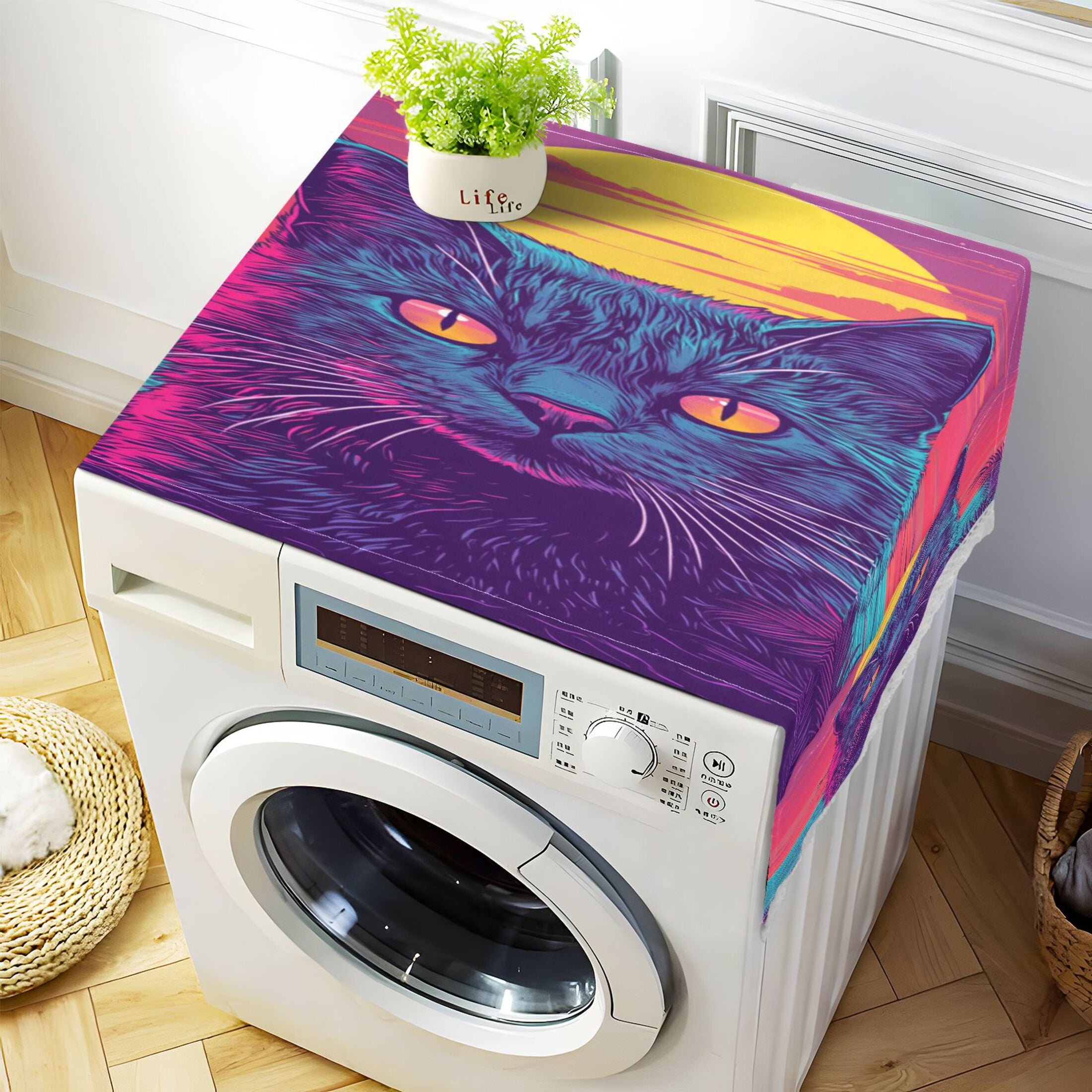 Cat before SunsetWasher and Dryer Covers Dust-Proof and Oil Resistant Fridge Cover with 4 Storage Pockets Washing Machine Top Cover for Laundry Kitchen Home 51.2 x 22 In