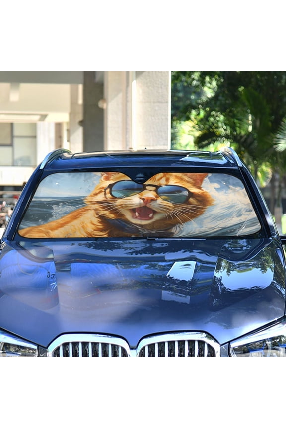 Cat Surfer Waves Sunglasses Automotive Front Car Windshield Sun Shade Reflector Foldable for Front Fit for Cars Truck SUVs