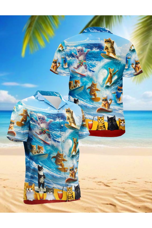 Cat Surfing Hawaiian Shirt for Men, Button Down Summer Beach Short Sleeve, Retro Style, Sizes S-5XL