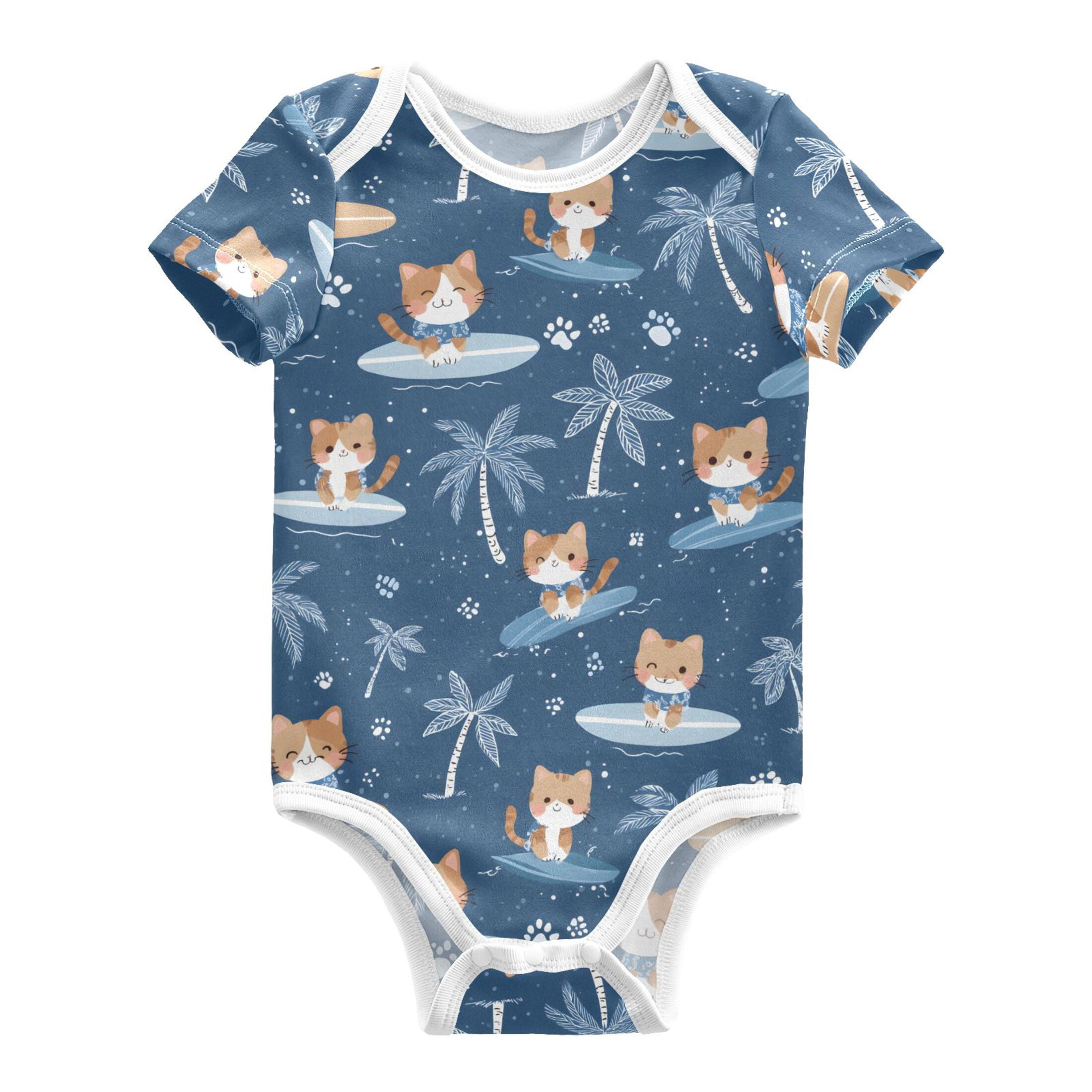 Cat Surfing Pattern Baby Bodysuits 100% Cotton Short Sleeve for 0-24 ...