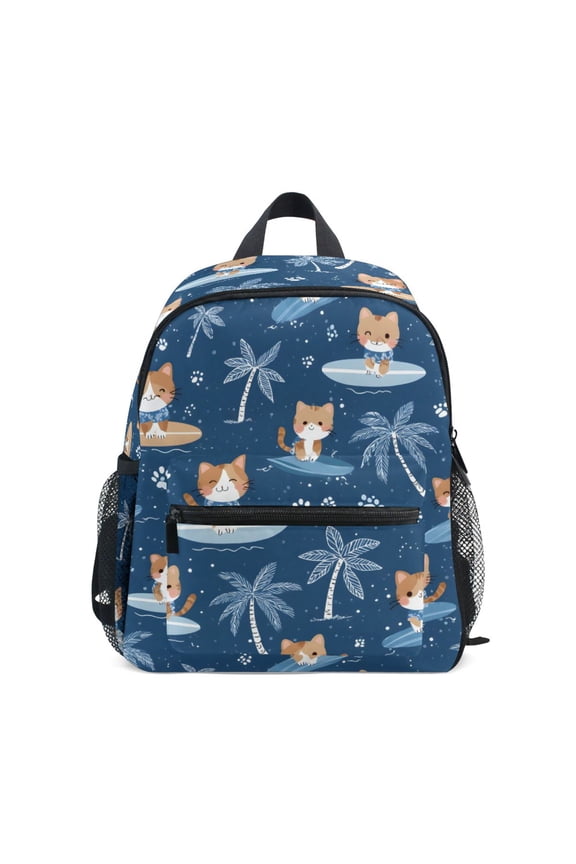 Cat Surfing Pattern Mini Backpack Cute Small Backpack with Chest Strap and Whistle Ages 3-8