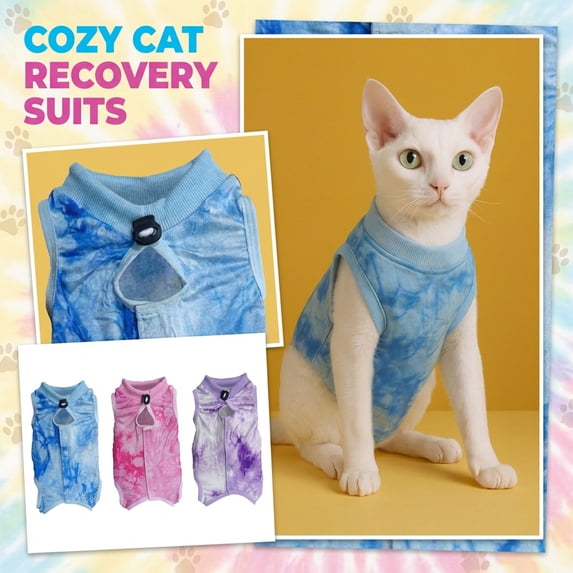 Cat Spay Recovery Suit Female, Cat Body Suit Post Surgery, Blue Tie Dye, Woven Fabric, Adjustable Closure, Stretch Fit, Anti Bite, 14inLength, 1 Pc