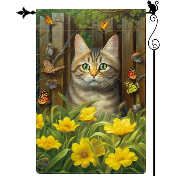 Cat Surrounded by Yellow Flowers Spring Garden Flag Vertical Double Sided Spring Summer Garden Flag Seasonal Rustic Yard Lawn Outdoor Decor 12.5x18 Inches