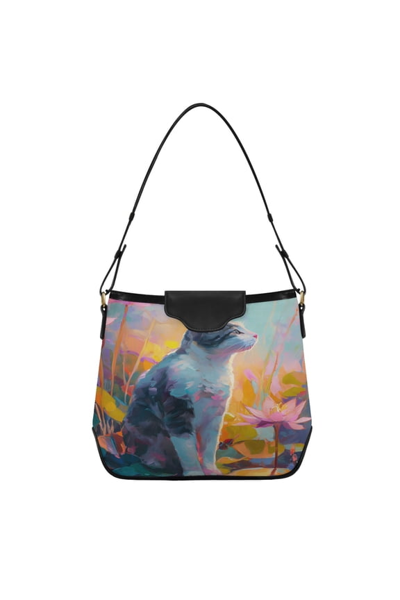 Cat Surrounded by Flowers Digital Painting Women's Tote Bag Convertible Handbags Hobo Shoulder Bag with Zipper Magnetic Snap