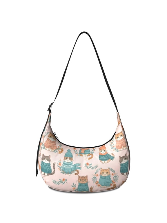 Cat and Sweater Pink Pattern Hobo Shoulder Bag, Shopping Crescent Purse with Adjustable Strap, Sturdy Stitching Gift Ideas for Walking Travel Shopping