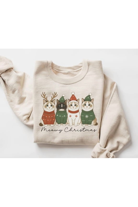 Cat Sweatshirt Meowy Santa Hat Cat Sweater Happy Ragdoll Kitty Cat Pullover Cat Lover Crewneck , Sweatshirt Size S-5Xl