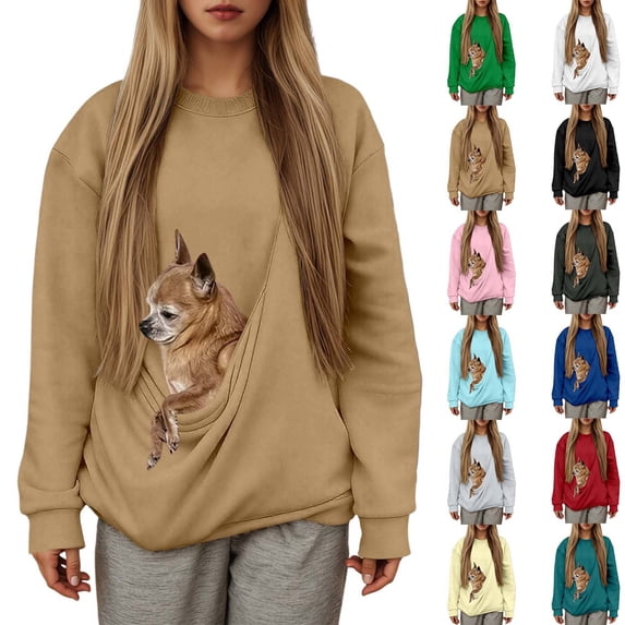 Cat Sweatshirt with Pouch Pet Carrier Kangaroo Pocket Dog Sweatshirt Oversized Fit Pet Rest Holder,Zip Front Pet Pouch Sweatshirt,Pullover Drawstring Hood,Pet Walking Casual Daily Wear Light Brown L
