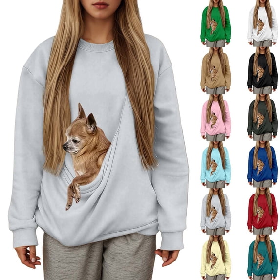 Cat Sweatshirt with Pouch Pet Carrier Kangaroo Pocket Dog Sweatshirt Oversized Fit Pet Rest Holder,Zip Front Pet Pouch Sweatshirt,Pullover Drawstring Hood,Pet Walking Casual Daily Wear Light Gray L