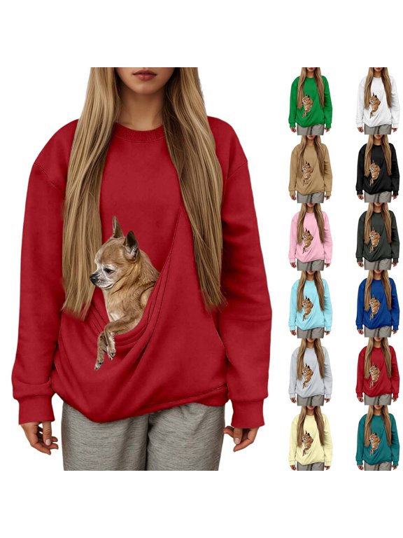 Cat Sweatshirt with Pouch Pet Carrier Kangaroo Pocket Dog Sweatshirt Oversized Fit Pet Rest Holder,Zip Front Pet Pouch Sweatshirt,Pullover Drawstring Hood,Pet Walking Casual Daily Wear Red 2XL