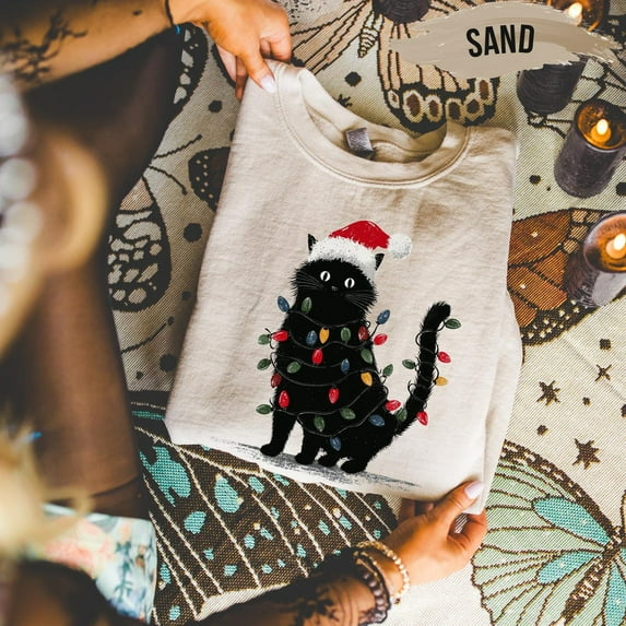 Cat Sweatshirt – Santa Hat & Lights All Size S-5Xl
