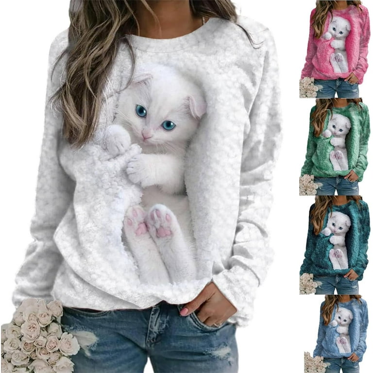 Cat Sweatshirts for Women 3D Cute Cat Print Sweatshirt Long Sleeve Crewneck Graphic Pullover Loose Shirts Walmart