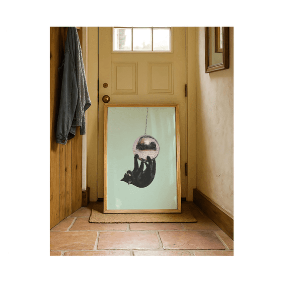 Cat Swinging On A Disco Ball Poster Funny Black Cat Wall Art Realism Kitchen Poster Cats Causing Mayhem Quirky Black Cat Illustration