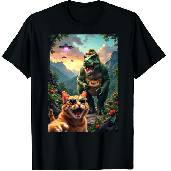 Cat T-Rex Bigfoot UFO Selfie Graphic Black T-Shirt for Men and Women