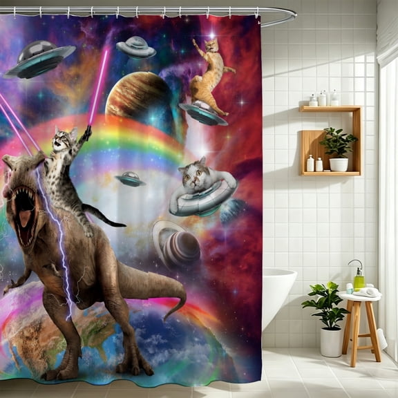 Cat T-Rex Space Rainbow UFO Humorous Shower Curtain, Holiday Bathroom Room Partition Decor, Thanksgiving Christmas Gift